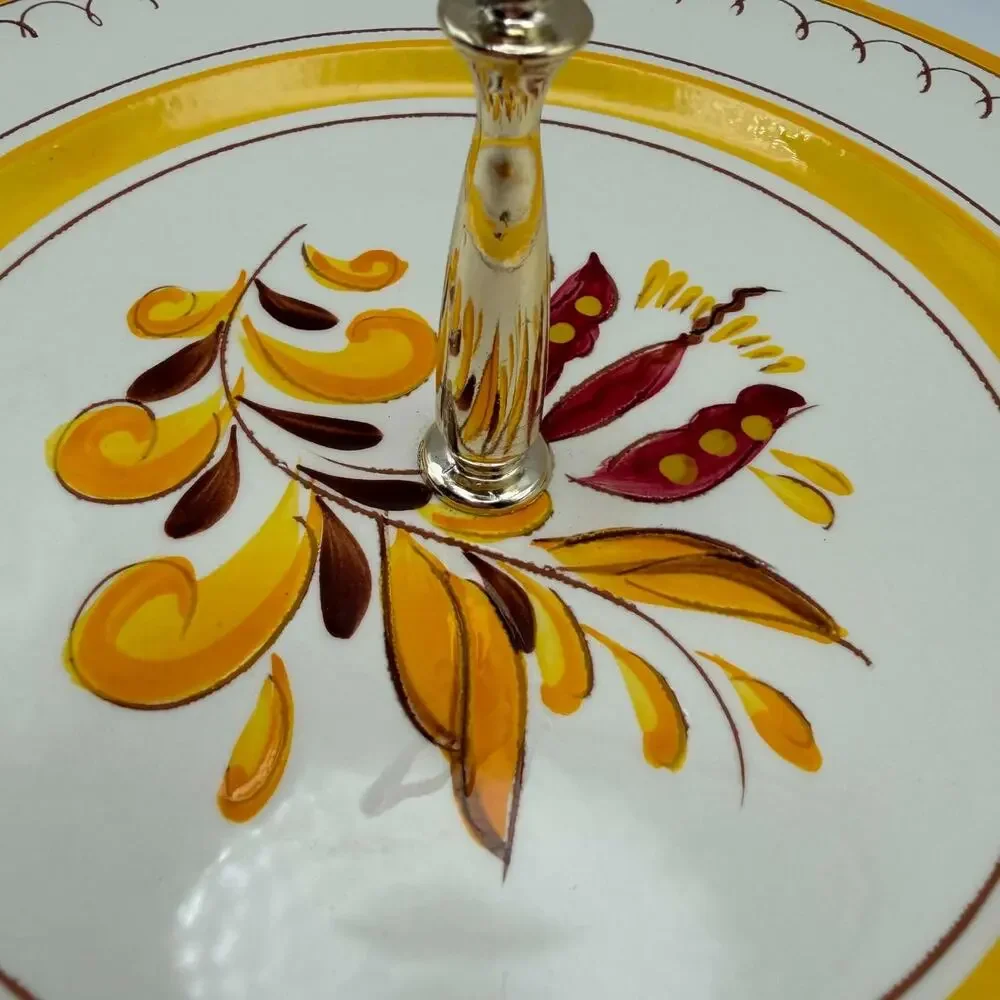 Vintage Stangl Pottery Server Tray Plate Yellow Provincial Pattern Gold Handle